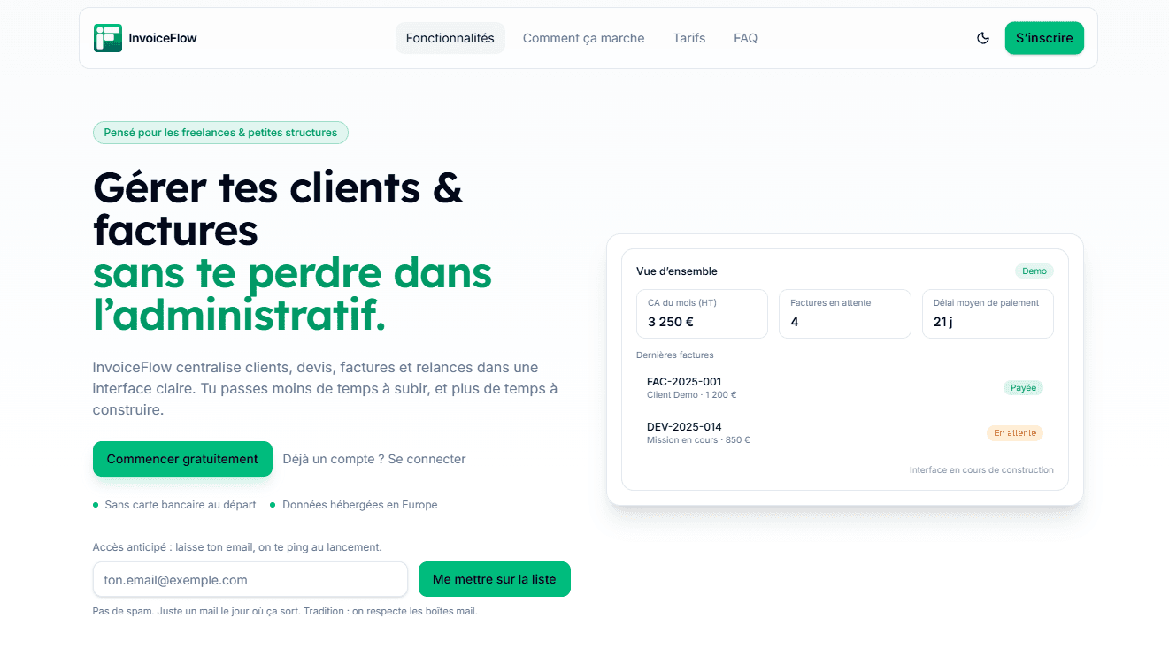 InvoiceFlow — Gestion de facturation moderne pour indépendants